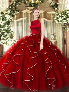 Wine Red Ball Gowns Ruffles Sweet 16 Quinceanera Dress Clasp Handle Organza Sleeveless Floor Length