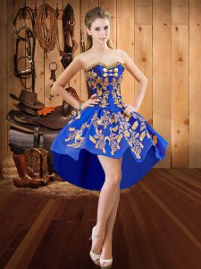 Fantastic Sleeveless Satin High Low Lace Up Prom Gown in Royal Blue with Beading and Appliques