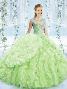 Great Sleeveless Brush Train Lace Up Beading and Ruffles and Pick Ups 15 Quinceanera Dress