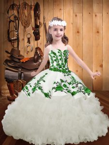 White Lace Up High School Pageant Dress Embroidery and Ruffles Sleeveless Brush Train
