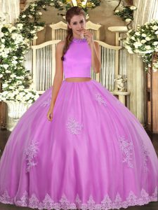 Pretty Sleeveless Tulle Floor Length Backless Quinceanera Dress in Lilac with Beading and Appliques
