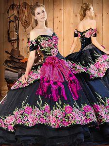 Black Off The Shoulder Lace Up Embroidery and Hand Made Flower Quinceanera Gowns Short Sleeves
