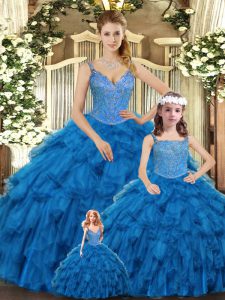 Adorable Beading and Ruffles Sweet 16 Dresses Teal Lace Up Sleeveless Floor Length