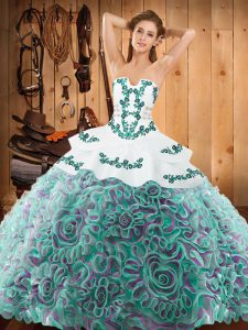 Wonderful Strapless Sleeveless Satin and Fabric With Rolling Flowers 15 Quinceanera Dress Embroidery Sweep Train Lace Up