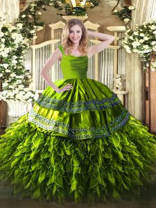 Fashionable Floor Length Zipper Sweet 16 Dresses Olive Green for Sweet 16 and Quinceanera with Beading and Ruffles