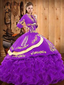 Chic Eggplant Purple Ball Gowns Organza and Taffeta Strapless Sleeveless Embroidery and Ruffled Layers Floor Length Lace