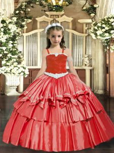 Dazzling Organza Straps Sleeveless Lace Up Appliques and Ruffled Layers Little Girls Pageant Dress Wholesale in Coral Re