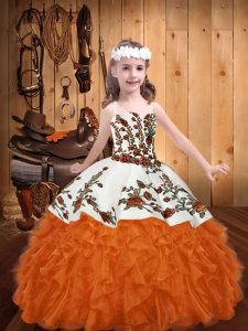 Beauteous Sleeveless Organza Floor Length Lace Up Little Girls Pageant Dress Wholesale in Orange Red with Embroidery and
