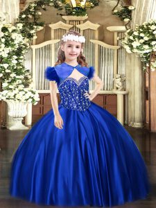 Royal Blue Straps Neckline Beading Child Pageant Dress Sleeveless Lace Up