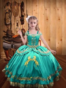 Aqua Blue Lace Up Little Girl Pageant Gowns Beading and Embroidery Sleeveless Floor Length