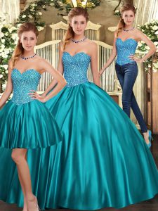 Decent Teal Tulle Lace Up Ball Gown Prom Dress Sleeveless Floor Length Beading