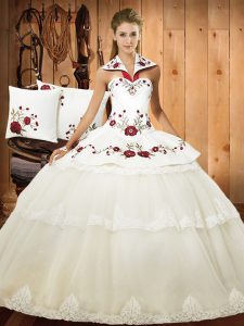 Sleeveless Floor Length Lace and Embroidery Lace Up 15 Quinceanera Dress with White