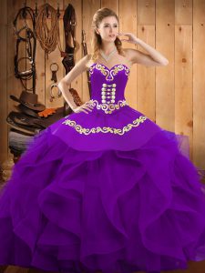 Popular Purple Lace Up Sweetheart Embroidery and Ruffles 15 Quinceanera Dress Organza Sleeveless
