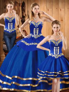 Extravagant Blue Three Pieces Satin and Tulle Sweetheart Sleeveless Embroidery Floor Length Lace Up Quinceanera Gowns