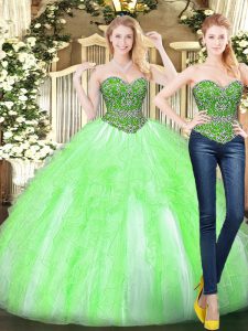 Fine Yellow Green Tulle Lace Up Sweetheart Sleeveless Floor Length Quinceanera Gown Beading and Ruffles