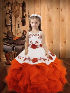 New Arrival Sleeveless Floor Length Embroidery and Ruffles Lace Up Pageant Dress for Girls with Orange Red