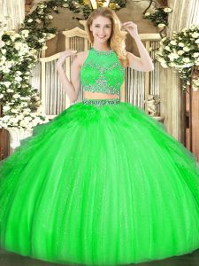 Green Tulle Zipper Quince Ball Gowns Sleeveless Floor Length Beading and Ruffles