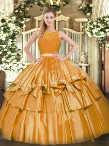 Custom Design Floor Length Gold Quinceanera Dress Tulle Sleeveless Ruffled Layers