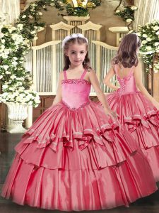 Adorable Coral Red Organza Lace Up Straps Sleeveless Floor Length Pageant Dresses Appliques and Ruffled Layers