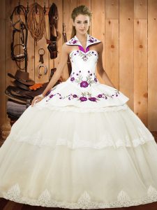 Best White Sleeveless Floor Length Lace and Embroidery Lace Up Quinceanera Dress