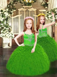 Stunning Organza Spaghetti Straps Sleeveless Lace Up Beading and Ruffles Little Girl Pageant Gowns in Green