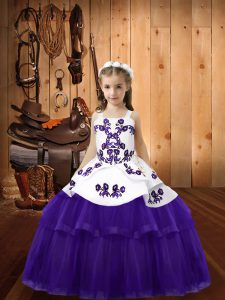 Straps Sleeveless Child Pageant Dress Floor Length Embroidery Purple Tulle
