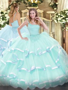 Amazing Apple Green Straps Neckline Beading and Ruffled Layers Ball Gown Prom Dress Sleeveless Zipper