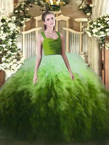 Sleeveless Tulle Floor Length Zipper Quince Ball Gowns in Multi-color with Ruffles
