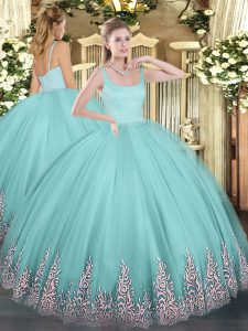 Floor Length Aqua Blue Sweet 16 Quinceanera Dress Tulle Sleeveless Appliques