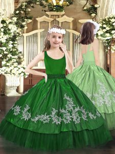 Dark Green Ball Gowns Beading and Appliques Pageant Dresses Zipper Taffeta Sleeveless Floor Length