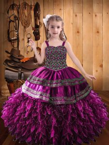 Fuchsia Satin and Tulle Lace Up Straps Sleeveless Floor Length Glitz Pageant Dress Beading and Appliques and Ruffles