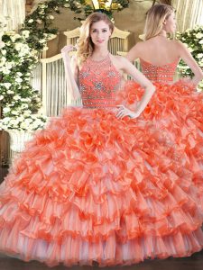 Dazzling Sleeveless Floor Length Beading and Ruffled Layers Zipper Ball Gown Prom Dress with Orange