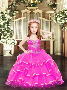 Elegant Sleeveless Floor Length Beading and Ruffled Layers Lace Up Little Girl Pageant Gowns with Hot Pink