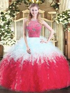 Fashionable Multi-color Zipper Halter Top Beading and Ruffles Quince Ball Gowns Tulle Sleeveless