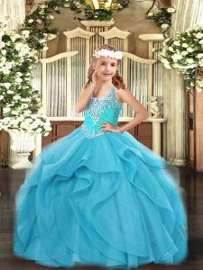Nice Floor Length Lace Up Child Pageant Dress Aqua Blue for Party and Quinceanera with Beading and Ruffles