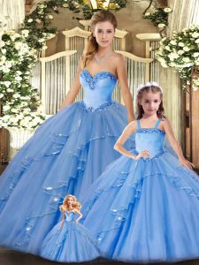 Floor Length Baby Blue Quinceanera Gowns Organza Sleeveless Beading and Ruffles