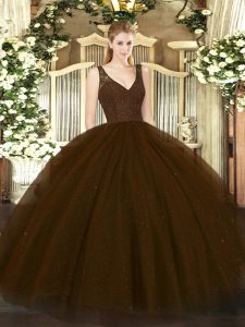 Sumptuous V-neck Sleeveless Tulle and Sequined 15th Birthday Dress Beading Zipper