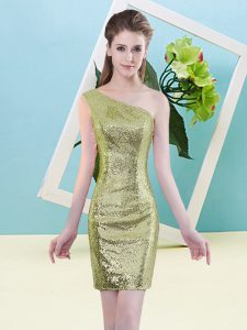 Designer Yellow Green Column/Sheath One Shoulder Sleeveless Sequined Mini Length Zipper Sequins Prom Dress