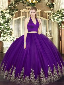 Custom Designed Dark Purple Two Pieces Halter Top Sleeveless Tulle Floor Length Zipper Appliques 15th Birthday Dress