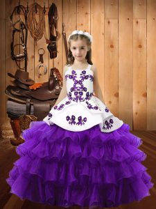 Embroidery and Ruffled Layers Pageant Gowns For Girls Eggplant Purple Lace Up Sleeveless Floor Length