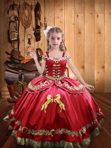 Affordable Coral Red Ball Gowns Embroidery Little Girl Pageant Gowns Lace Up Organza and Taffeta Sleeveless Floor Length