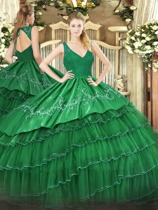 Dark Green Backless V-neck Beading and Lace and Embroidery and Ruffled Layers 15th Birthday Dress Organza and Taffeta Sl