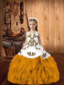 Gold Straps Neckline Embroidery and Ruffles Kids Pageant Dress Sleeveless Lace Up