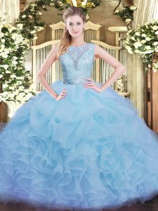 Aqua Blue Sleeveless Organza Backless Quinceanera Dress for Military Ball and Sweet 16 and Quinceanera