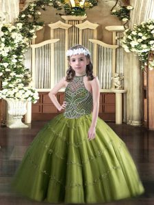 Elegant Floor Length Lace Up Child Pageant Dress Olive Green for Party and Quinceanera with Beading