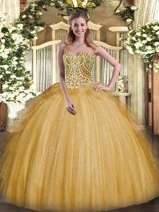 Floor Length Lace Up Vestidos de Quinceanera Gold for Military Ball and Sweet 16 and Quinceanera with Beading and Ruffle