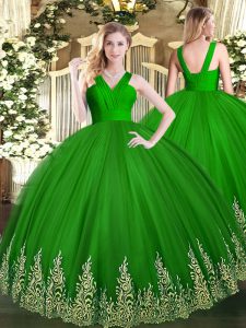 Gorgeous Floor Length Zipper Ball Gown Prom Dress Green for Military Ball and Sweet 16 and Quinceanera with Appliques