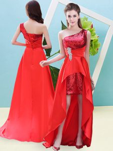 Deluxe Red A-line Elastic Woven Satin and Sequined One Shoulder Sleeveless Beading and Sequins High Low Lace Up Dress fo