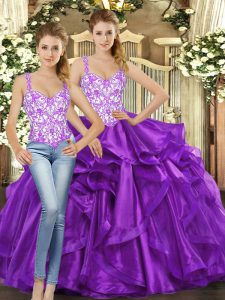 Sweet Eggplant Purple Tulle Lace Up Straps Sleeveless Floor Length Sweet 16 Quinceanera Dress Beading and Ruffles