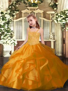 Beautiful Orange Organza Lace Up Girls Pageant Dresses Sleeveless Floor Length Beading and Ruffles